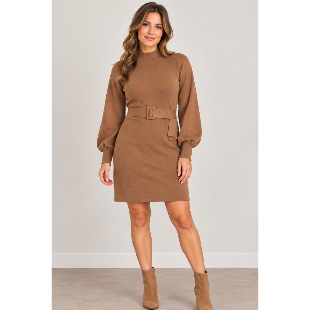 She + Sky Sweater Dress Womens L Brown Mock Neck Belted Balloon Sleeve SY7615